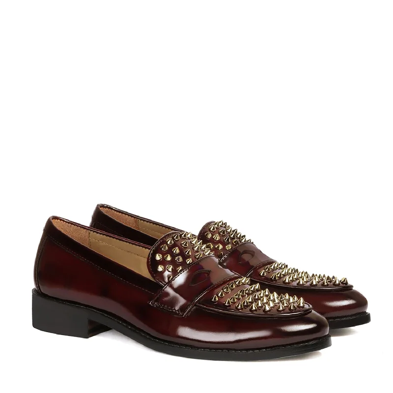 Wine Brush Off  Penny Loafers with Studded Toe Patent Leather