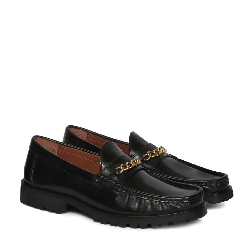 Black Chunky Sole Loafer with Golden Chain Embellishment