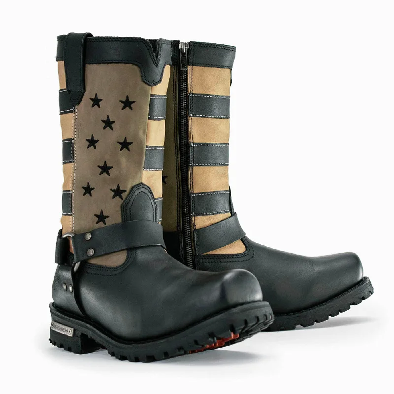 Milwaukee Leather Men's Stars and Stripes Black with Tan Motorcycle Rider Harness Boots MBM9045