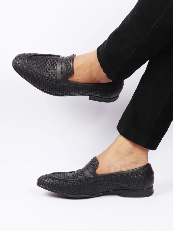 Men Navy Blue Hand Knitted Design Penny Loafer Slip On Shoes