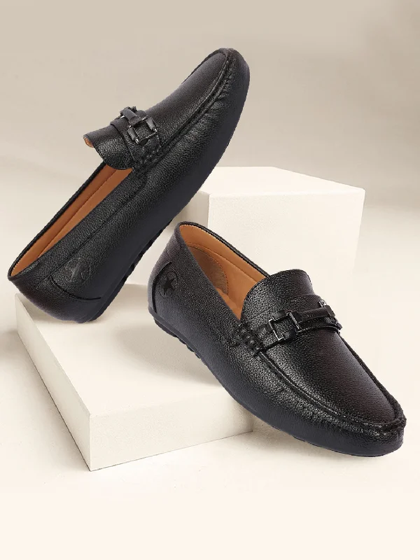 Men Black Textured Design Horsebit Buckle Casual Classic Slip On Moccasins and Loafers