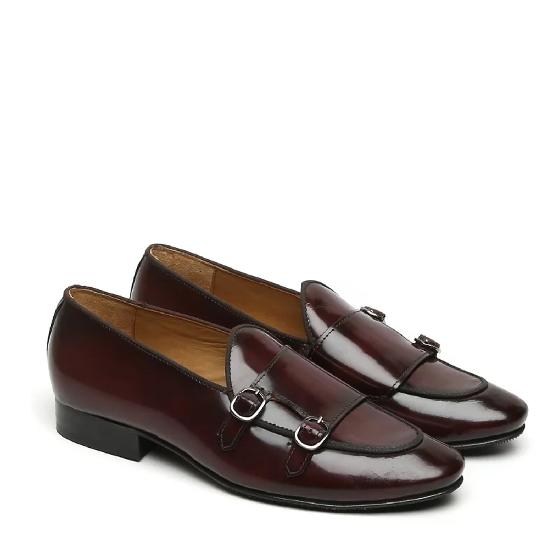 Wine Monk Strap Slip-On In Brush Off Leather By Brune & Bareskin