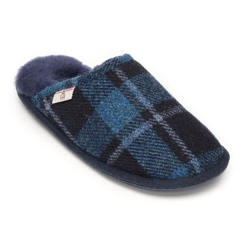 William - Harris Tweed Mule - Navy / Grey Tartan Check