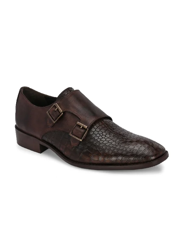 CARLO ROMANO BROWN COLOR PREMIUM RANGE ITALIAN CROCODILE AND PLANE PRINTED LEATHER MONK SHOE FOR MEN