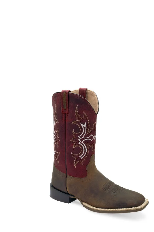 Old West Mens Broad Square Toe Brown/Cloudy Burgundy Leather Cowboy Boots