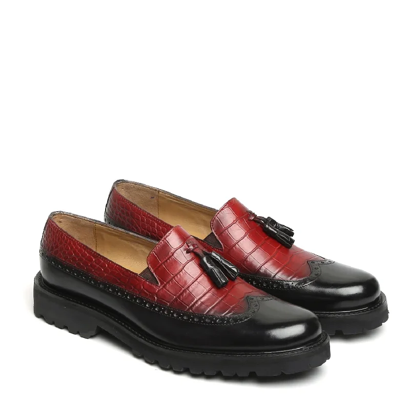 Wine & Black Croco Print Leather Light Weight Tassel Slip-Ons By Brune & Bareskin