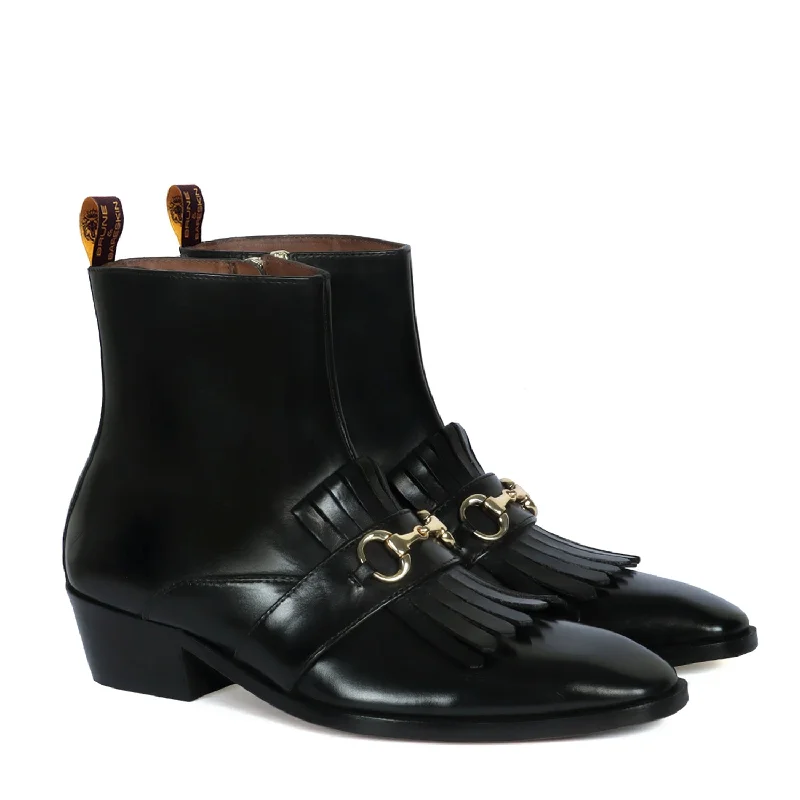 Cuban Heel Men Boots with Black Sleek Toe Fringes Horse-bit Buckle by Brune & Bareskin