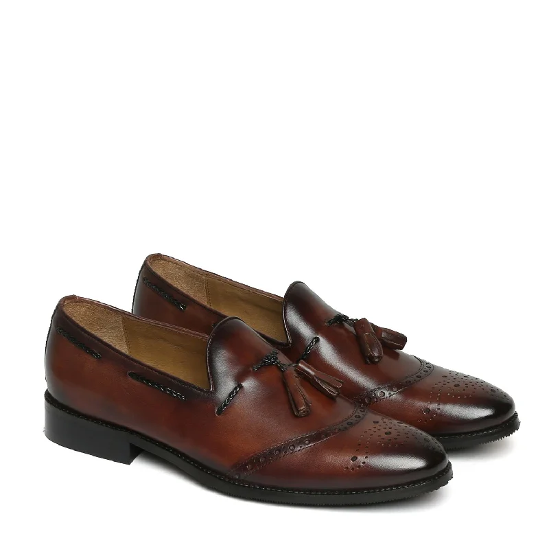 Dark Brown Quarter Brogue Toe Tassel Leather Slip-On Shoes