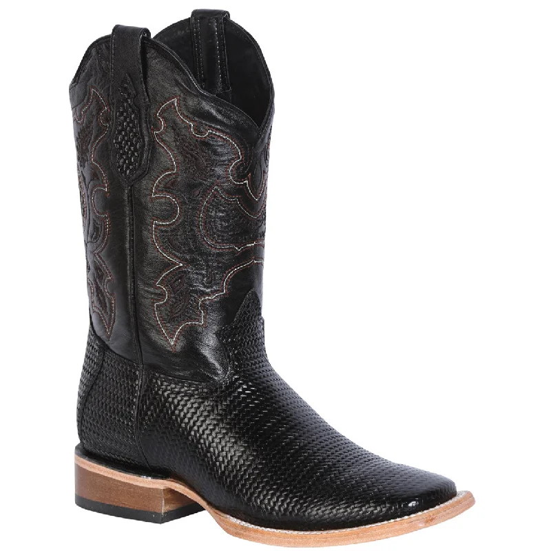 Woven Print Black Square Toe Western Boots