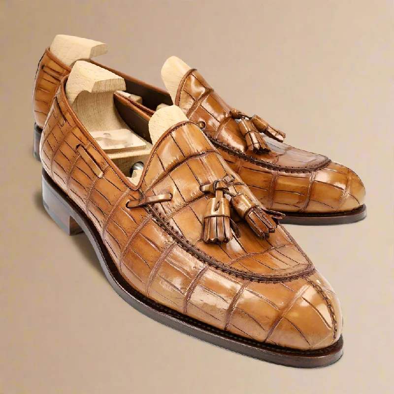 Bentley Tan Croco Print Tassel Loafer