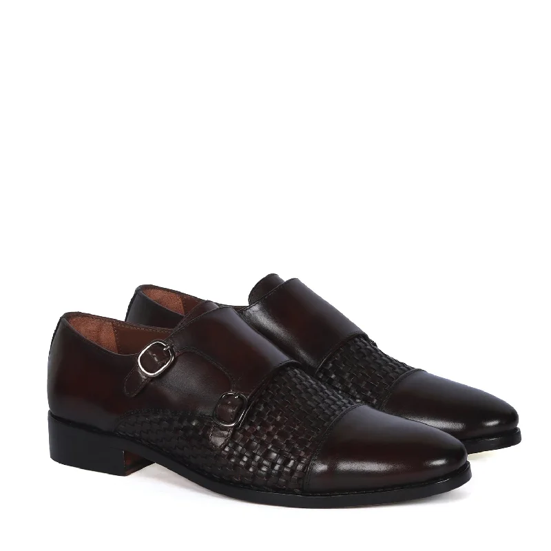 Double Monk Leather Shoe in Dark Brown Leather Dual Shade Woven Detailed Vamp to Quarter By Brune & Bareskin